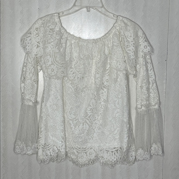 ❤️ 🆕 WHY DRESS Elegant off shoulder White Lace Women's Top With Bell Sleeves M - Picture 2 of 5